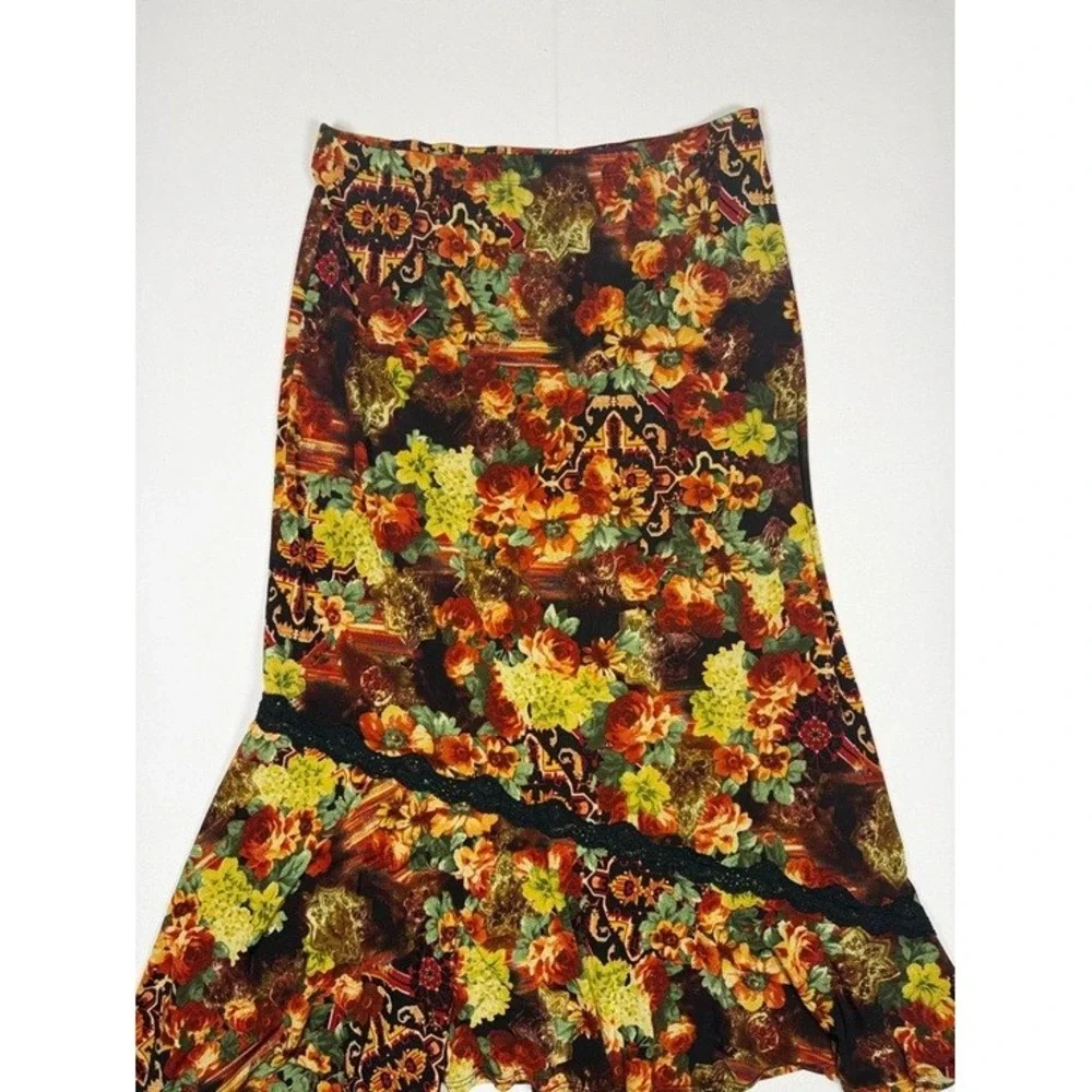Coldwater Creek Floral Lace Trim Ruffle Maxi Skirt PS Petite Burgundy Gold B9-23